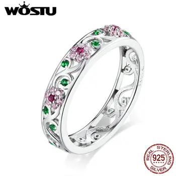 WOSTU Luxus Gyűrű 925 Sterling Ezüst Nyíló Rózsaszín Virág Ujj Gyűrű a Nők, jegygyűrű, Eljegyzési Ékszert CTR132
