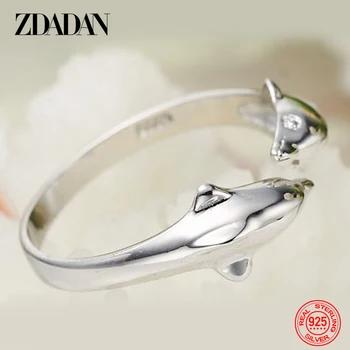 ZDADAN 925 Sterling Ezüst Dupla Delfin Nyitott Gyűrű Női Divat Esküvő Ékszer Fél Ajándék