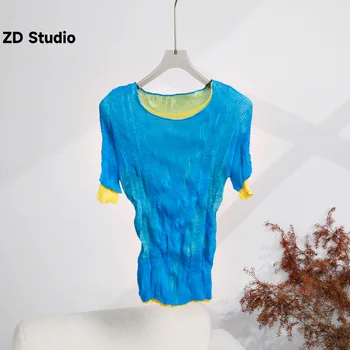 [ZD Studio] Kontraszt Szín Rakott póló Női Kerek Nyakú, Rövid Ujjú Slim Vékony Felsők, Női Ruházat 2023 Új