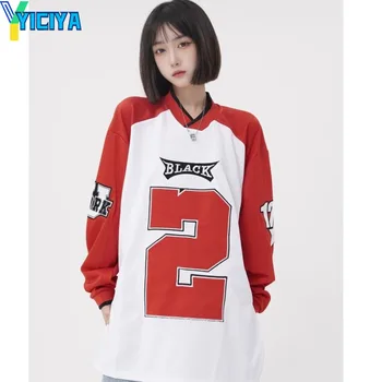 YICIYA T-shirt y2k Hímzett női póló crop top blúz, hosszú ujjú Túlméretezett tshirts American racing pólók póló ruházat