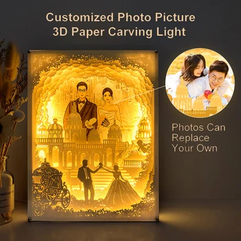 Esküvői Pár Ajándék, Egyedi Fényképes Kép LED-es Éjszakai Fény, 3D Papír Vágás Shadow Box Szoba Decor Éjjeli Lámpa