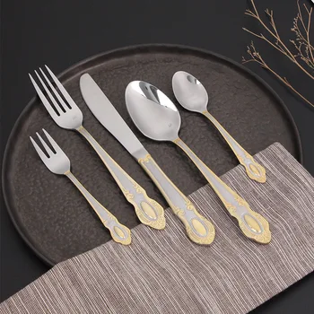 6People arany evőeszközök acier inoxydable edények pratos de jantar conjunto aparelho de jantar villa cocina utensilios novedosos