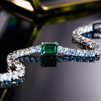 S925 Sterling Ezüst Karkötő Női Platinum Smaragd Tér 5A Cirkon Zöld Kő Luxus Állítható Évjárat Finom Ékszerek