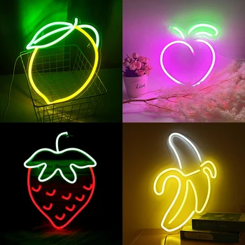 Gyümölcs Neon Fény LED Banán, Őszibarack, Eper, Citrom Dekoráció Este Lámpa Haza Szoba Fal Bolt Party Fesztivál Ajándék