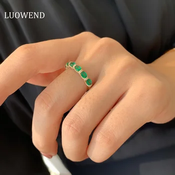 LUOWEND 18K Sárga Arany Gyűrű Igazi Természetes Smaragd Luxus Gyémánt Klasszikus Design Gyomlálás Gyűrű a Nők Eljegyzési Party