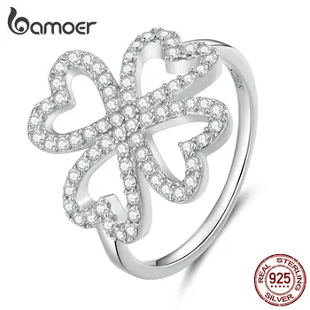 Bamoer 925 Sterling Ezüst Szerencsés négylevelű Lóhere Gyűrű a Nők Születésnapi Ajándék Egyengetni Beállítás CZ Finom Ékszerek BSR399