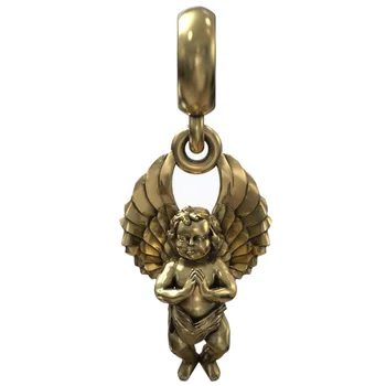 3D-s Szép Aranyos Imádkozni Angyal Angyal Arany Gyöngy Charm Medál 925 Szilárd Sterling Ezüst Medál