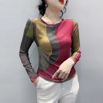 #6996 Tavaszi Őszi Nyomtatott Póló Női Kerek Nyak Szexi, Szűk Vintage Női Póló, Koreai Divat Rövid Tshirt Streetwear