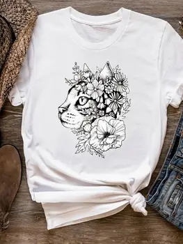 Macska Trend Aranyos, aranyos, Kedves Tee Alapvető Női Ruhák, Ruházat Nyomtatás Póló Rövid Ujjú Nyári Top Divat Grafikus póló