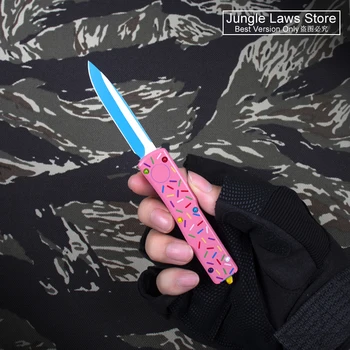 UTX70 Kés Desszert Harcos Fánk Rózsaszín MICRO Mini OTF Tech Kés Egyetlen Szélén Drop Point Penge EDC önvédelem Pocketknives A115