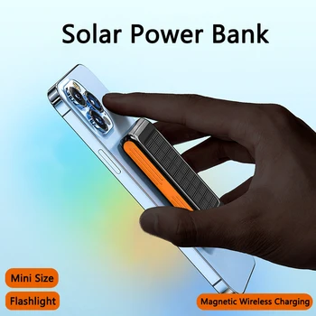Mini Solar Power Bank 5000mAh Mágneses Qi Vezeték nélküli Töltő iPhone 14 13 12 11 Huawei Xiaomi Samsung Poverbank LED Fény