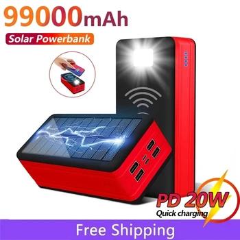 99000mAh Wireless Solar Power Bank Hordozható Telefon Töltő, 4USB Kültéri Nagy Kapacitású Külső Akkumulátor IPhone Xiaomi Samsung