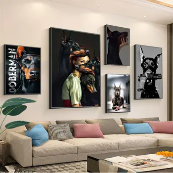 Modern Fekete Dobermann Kutya Film Ragadós Plakátok Decoracion Festmény Wall Art Fehér Kraft Papír Lakberendezés