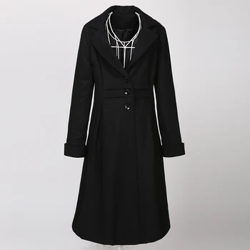Hosszú kabát gyapjúból nők eredeti tervezési fel csipke vissza borjú hossza kabátok fekete női téli ruházat városi utca alternatív