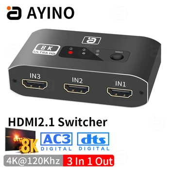 AYINO 8K@60KHz HDMI2.1 Kapcsoló, 3 Az 1-4K@120KHz 3 Port Bemenet, 1 Kimenet Váltó, TV Box PS4 HDMI Splitter