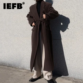 IEFB Gyapjú Kabát Trend Férfi koreai Stílus Divat Kardigán Laza Megvastagodott Jóképű Hosszú Kabát Őszi Új Kabát, Öv 9C1272